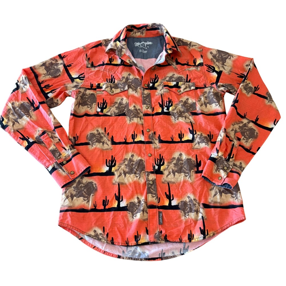 Wrangler Retro Premium Mens Large Coral Orange Desert Cowboy Snap Western Shirt